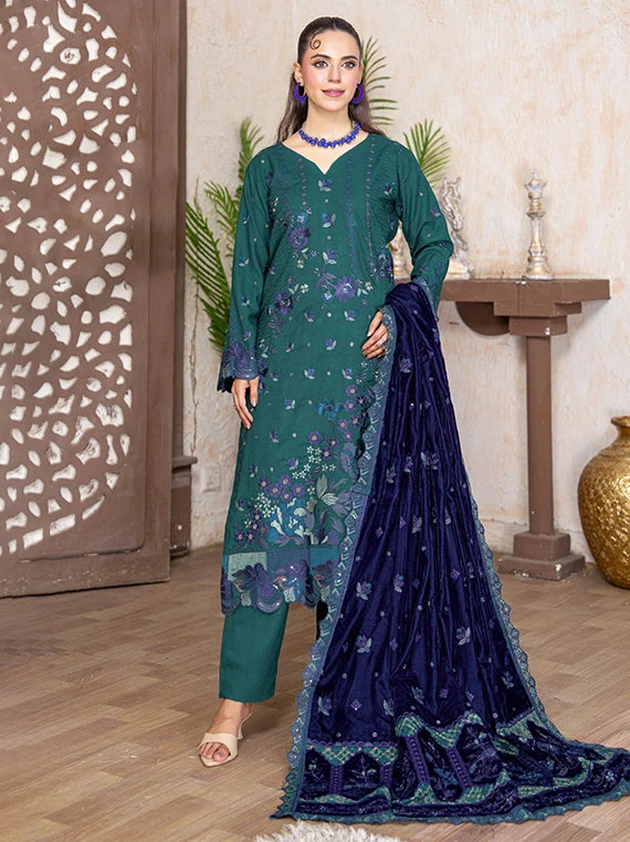 Kahani Peach Leather Collection With Embroidered Micro Velvet Shawl BY Riaz Arts (D-01)
