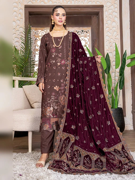 Kahani Peach Leather Collection With Embroidered Micro Velvet Shawl BY Riaz Arts (D-02)