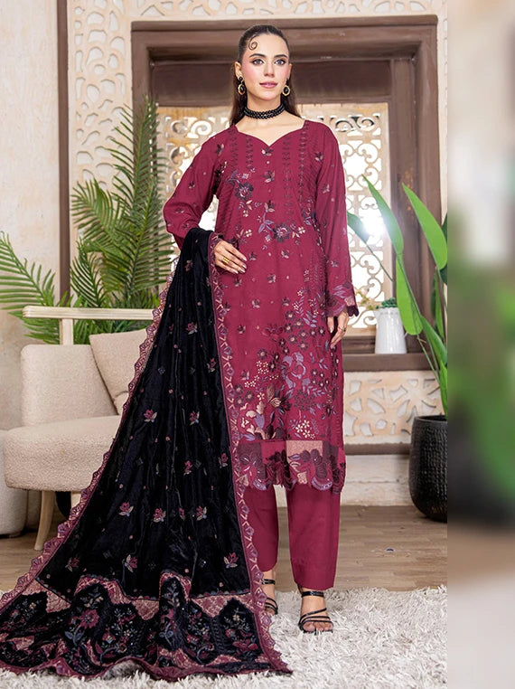 Kahani Peach Leather Collection With Embroidered Micro Velvet Shawl BY Riaz Arts (D-03)