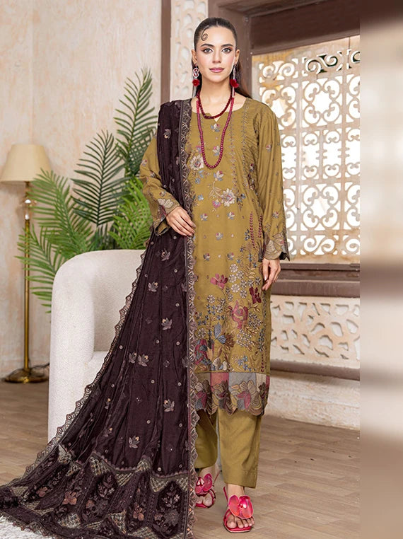 Kahani Peach Leather Collection With Embroidered Micro Velvet Shawl BY Riaz Arts (D-05)