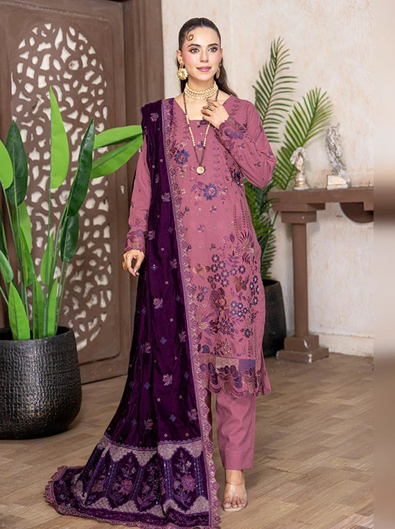 Kahani Peach Leather Collection With Embroidered Micro Velvet Shawl BY Riaz Arts (D-08)