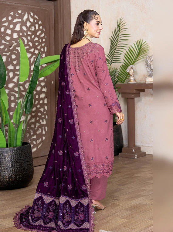 Kahani Peach Leather Collection With Embroidered Micro Velvet Shawl BY Riaz Arts (D-08)