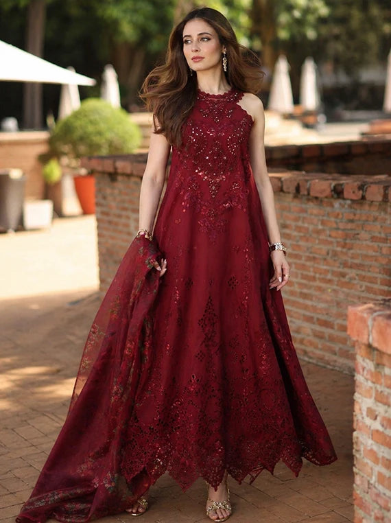 NOOR by Saadia Asad Lux Eid Laserkari Lawn Collection 2026 (D12-Amalfi Rouge)