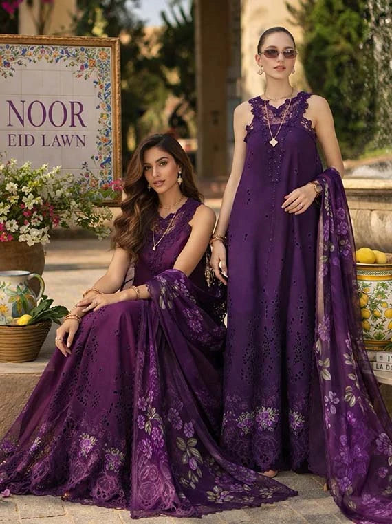 NOOR by Saadia Asad Lux Eid Laserkari Lawn Collection 2026 (D2-Amalfi Amethyst)