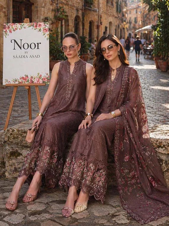 NOOR by Saadia Asad Lux Eid Laserkari Lawn Collection 2026 (D3-Espresso Rose)